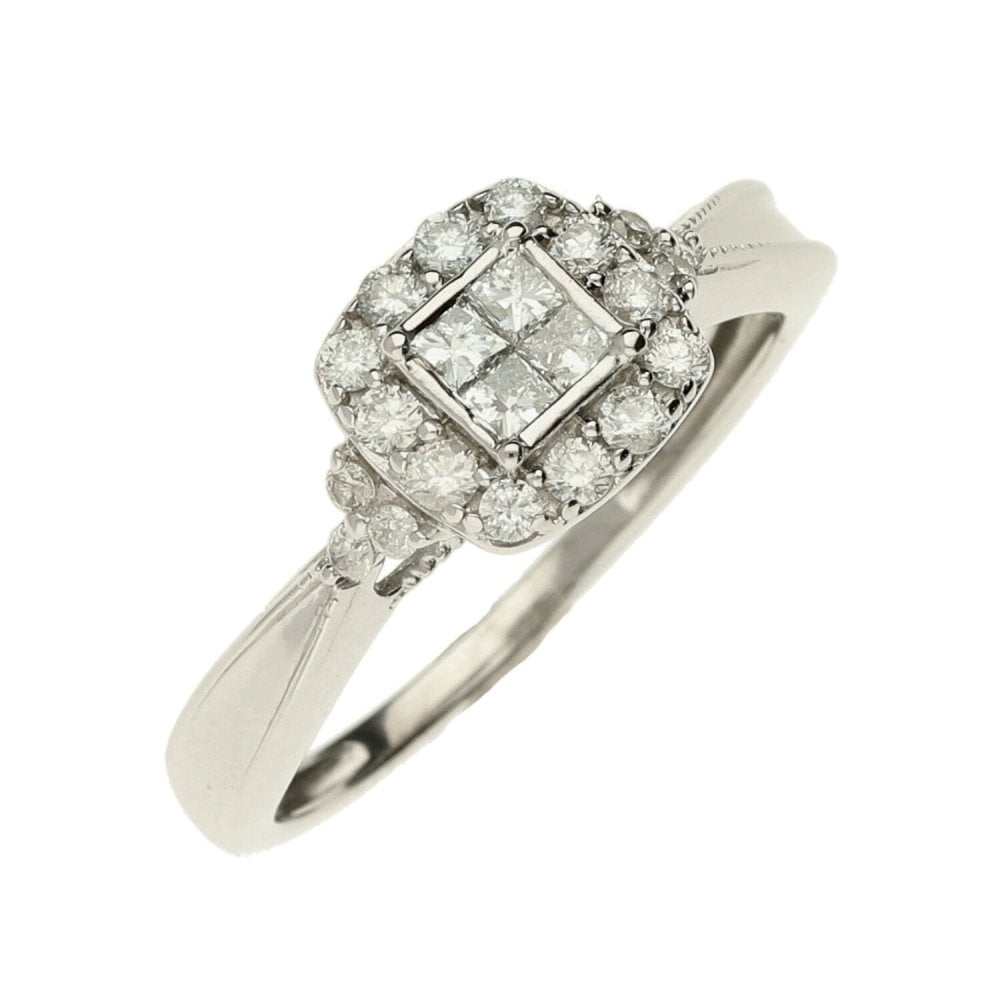9ct White Gold Diamond Cluster Ring - Size N - 0.40ct