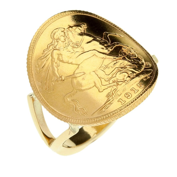 9ct Yellow Gold 1915 Full Sovereign Coin Ring - Size R