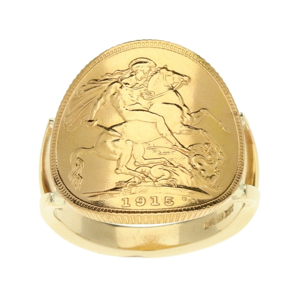 9ct Yellow Gold 1915 Full Sovereign Coin Ring - Size R
