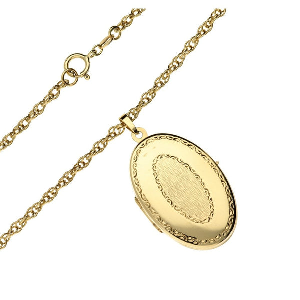 9ct Yellow Gold Patterned Oval Locket & Necklace - 28" - 14.6g