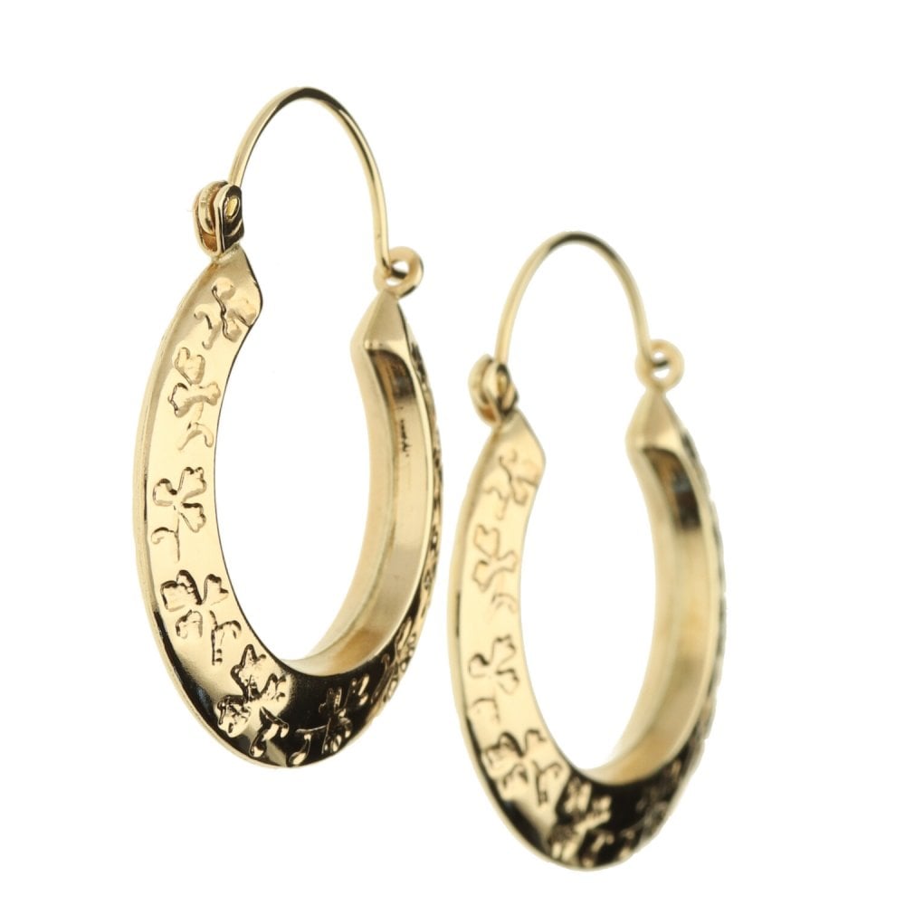 9ct Yellow Gold Patterned Hoop Earrings - 1.8g