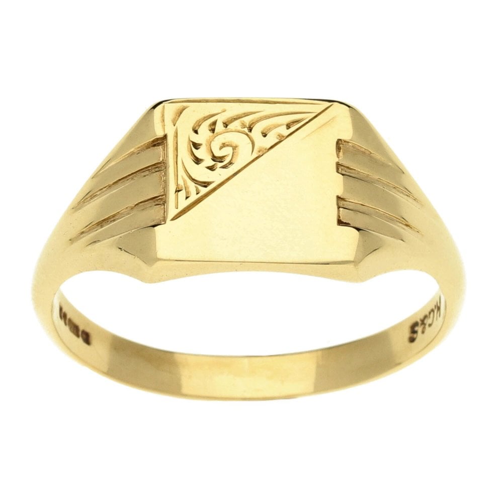 9ct Yellow Gold Patterned Signet Ring - Size W