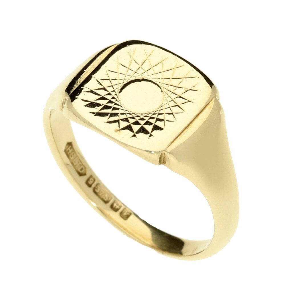 9ct Yellow Gold Patterned Signet Ring - Size U