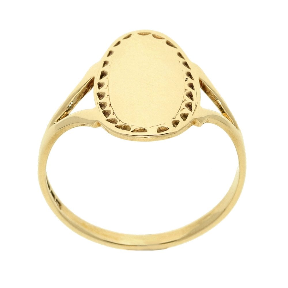 9ct Yellow Gold Patterned Ladies Oval Signet Ring - Size M