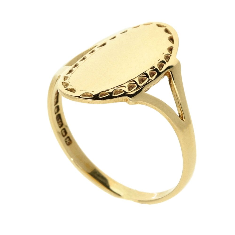 9ct Yellow Gold Patterned Ladies Oval Signet Ring - Size M