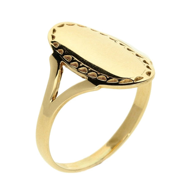 9ct Yellow Gold Patterned Ladies Oval Signet Ring - Size M