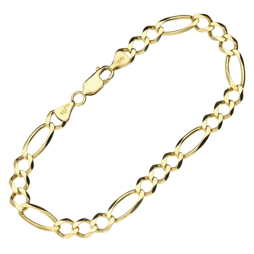 9ct Yellow Gold Figaro Chain Bracelet - 8.5" - 8.8g