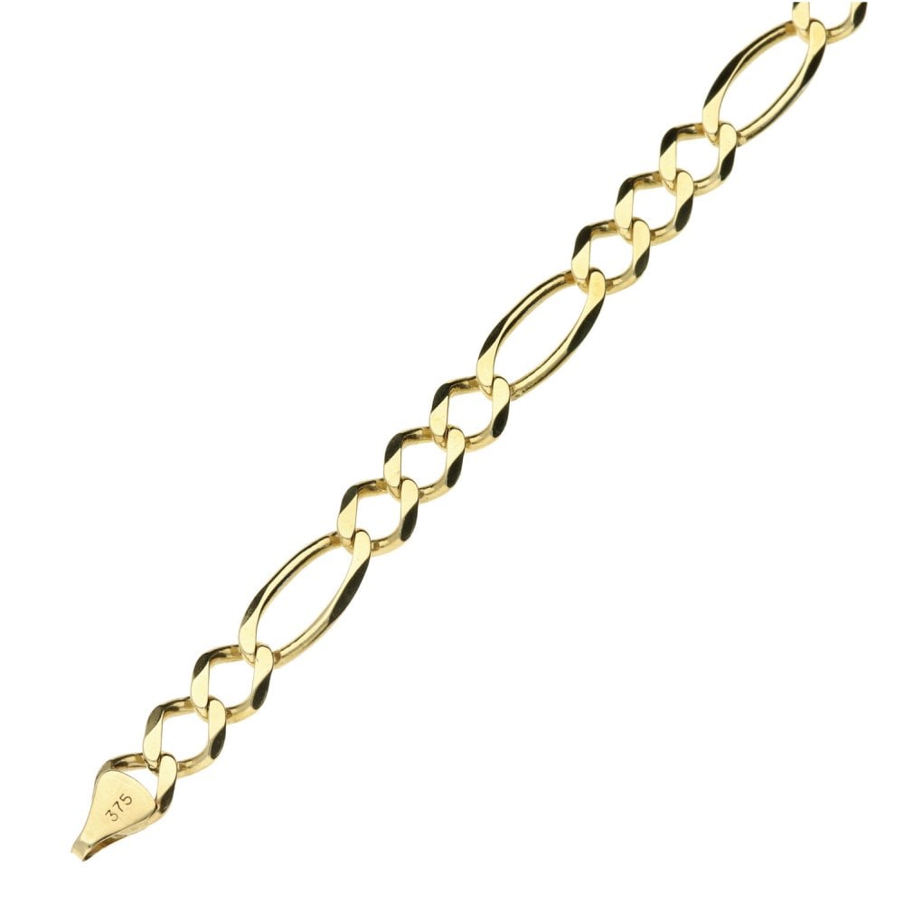 9ct Yellow Gold Figaro Chain Bracelet - 8.5" - 8.8g