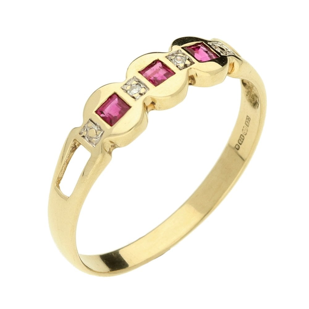 9ct Yellow Gold Ruby & Diamond Dress Ring - Size Q