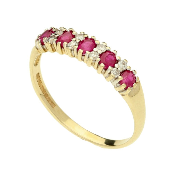 9ct Yellow Gold Half Eternity Ruby & Diamond Ring - Size N