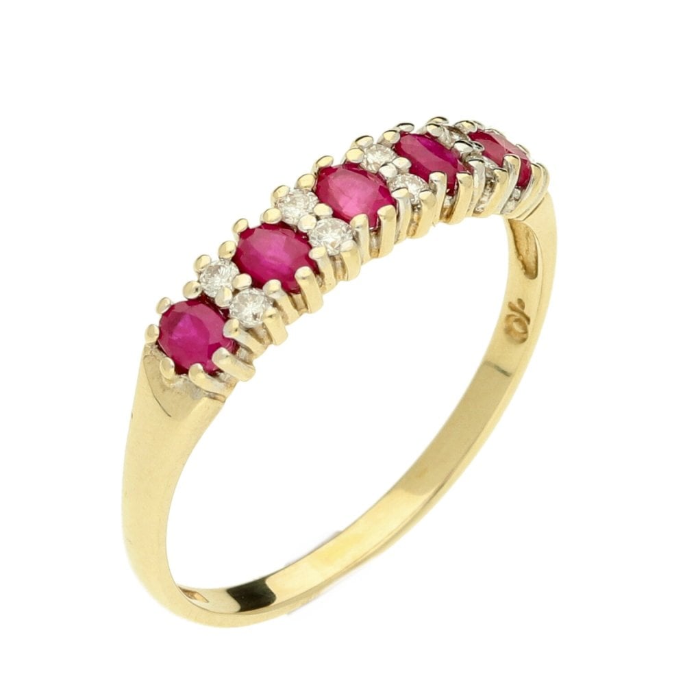 9ct Yellow Gold Half Eternity Ruby & Diamond Ring - Size N