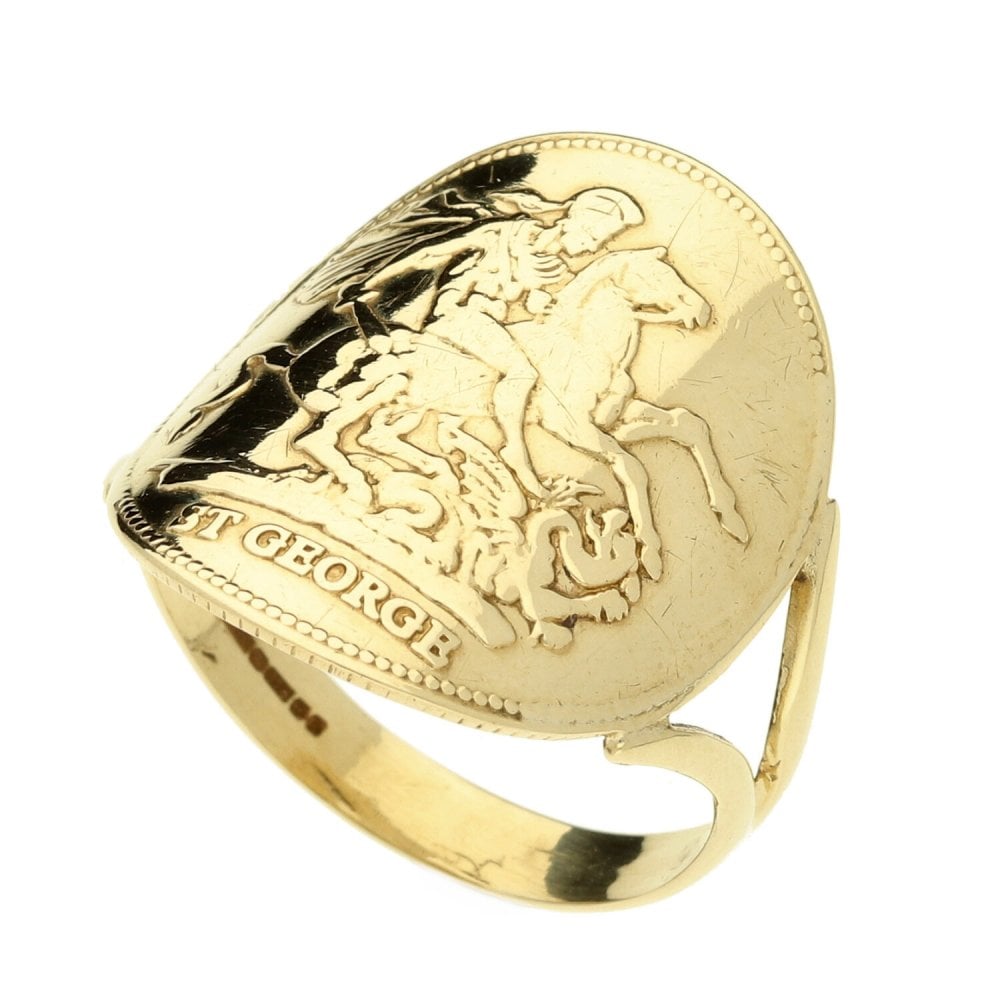 9ct Yellow Gold Bent-Over 1976 St George Coin Ring - Size Q