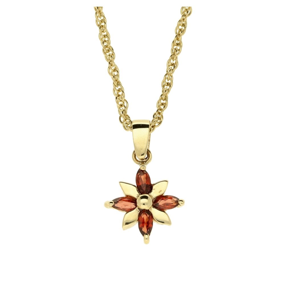 9ct Yellow Gold Flower Garnet & Necklace - 16" - 3.30g