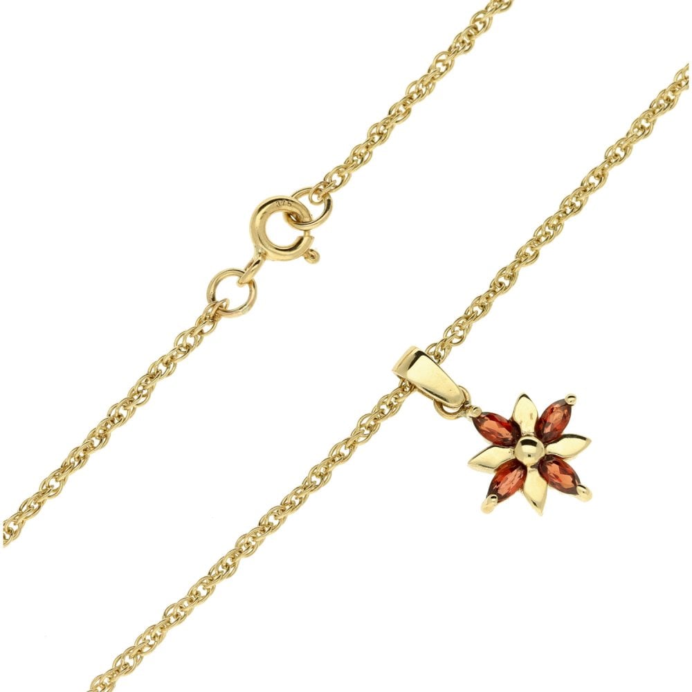 9ct Yellow Gold Flower Garnet & Necklace - 16" - 3.30g