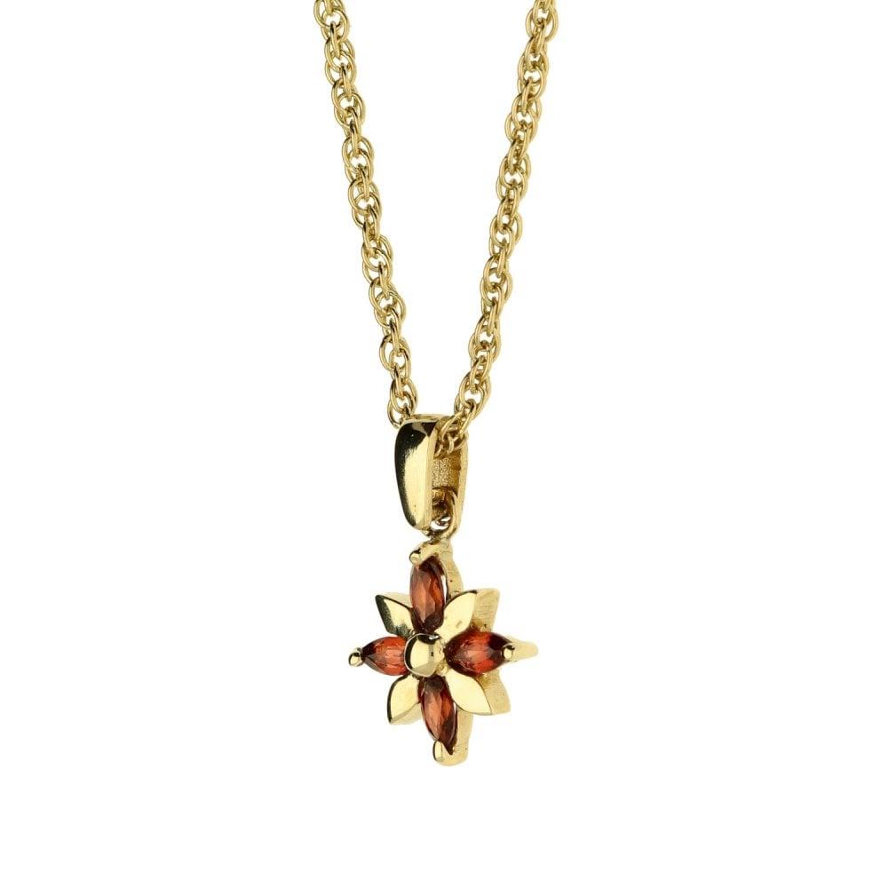 9ct Yellow Gold Flower Garnet & Necklace - 16" - 3.30g