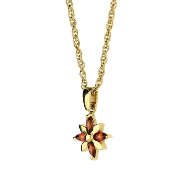 9ct Yellow Gold Flower Garnet & Necklace - 16" - 3.30g