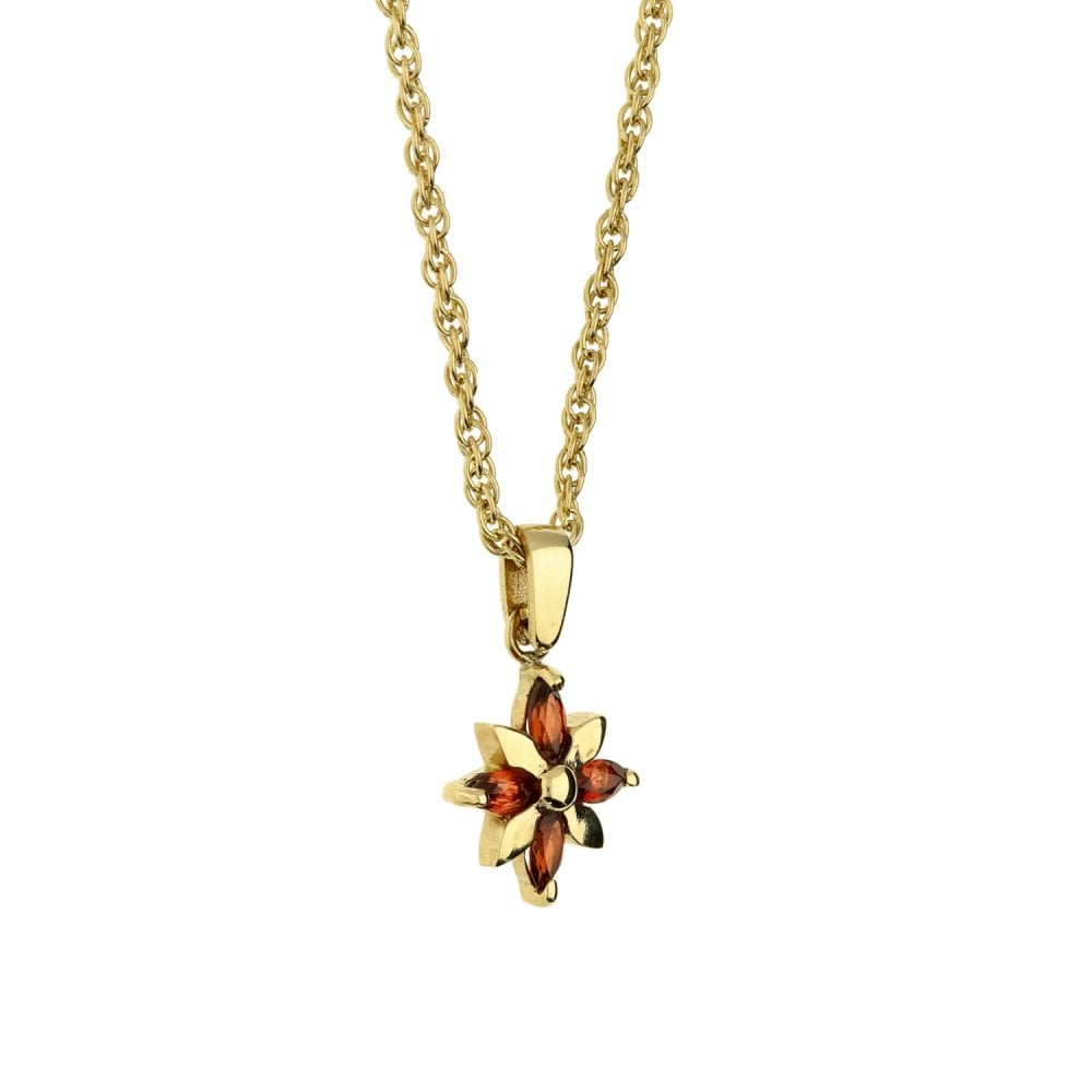 9ct Yellow Gold Flower Garnet & Necklace - 16" - 3.30g