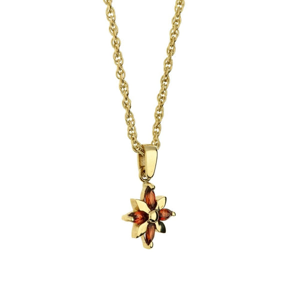 9ct Yellow Gold Flower Garnet & Necklace - 16" - 3.30g