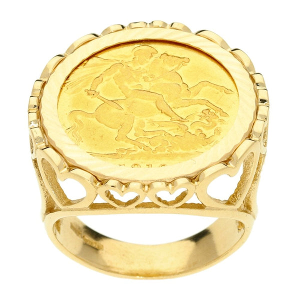 Gents 9ct Yellow Gold Mounted Full Sovereign Coin Ring - 14.8g