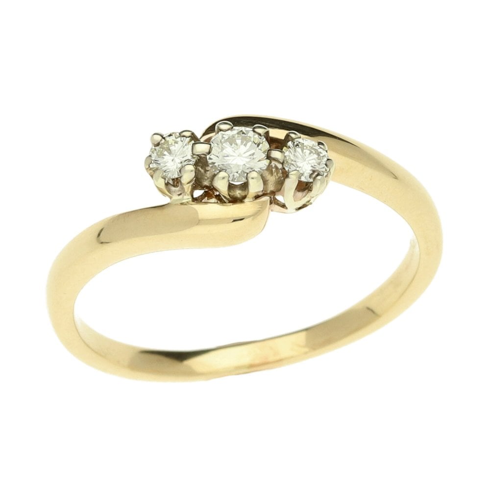 9ct Yellow Gold Ladies 3 Stone Twist Diamond Ring - Size R