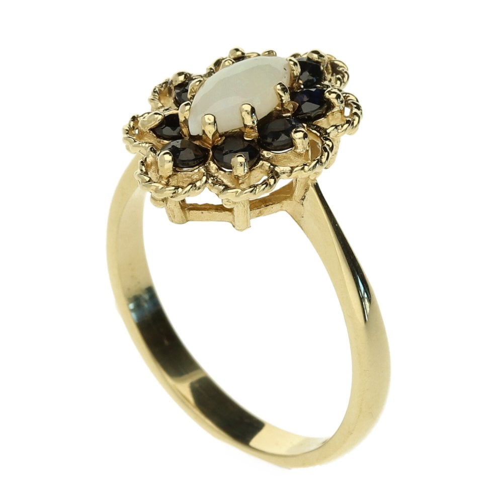 9ct Yellow Gold Sapphire & Opal Cluster Ring - Size O