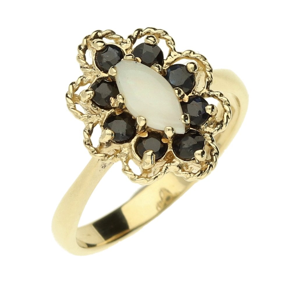 9ct Yellow Gold Sapphire & Opal Cluster Ring - Size O