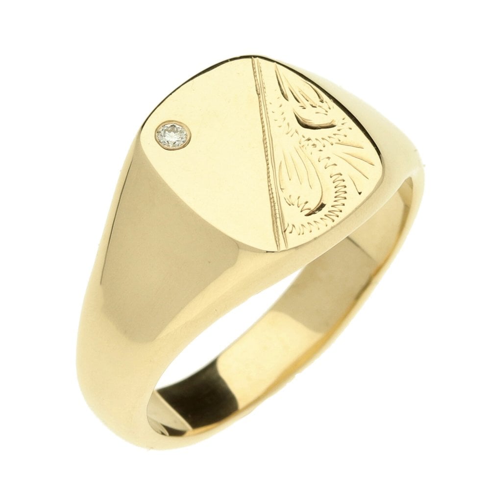 9ct Gents Half Engraved Diamond Signet Ring - Size Z