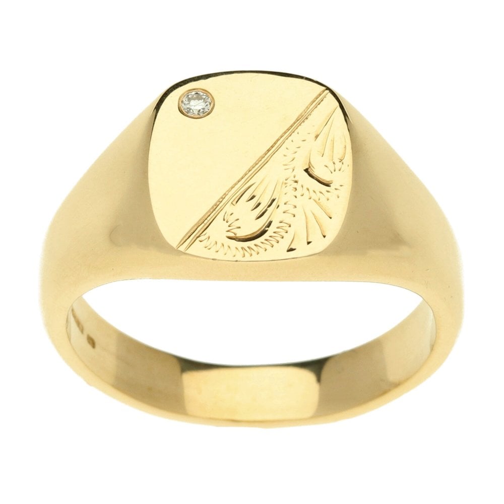 9ct Gents Half Engraved Diamond Signet Ring - Size Z