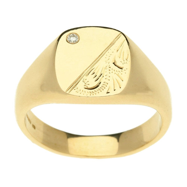 9ct Gents Half Engraved Diamond Signet Ring - Size Z