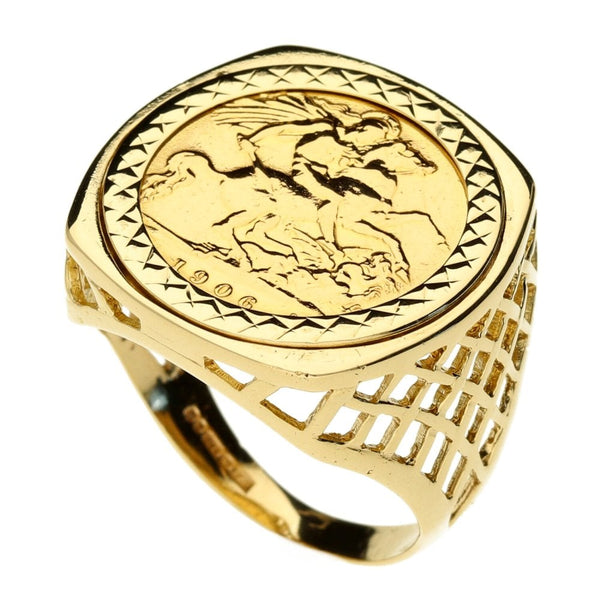 9ct Yellow Gold Half-Sovereign 1906 Coin Ring - Size T