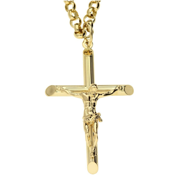 9ct Yellow Gold Ladies Belcher Chain & Crucifix - 18" - 22.1g