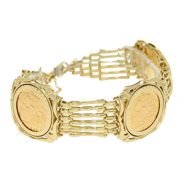 Yellow Gold 3x Half-Sovereign Coin 6 Bar Gate Bracelet - 18cm