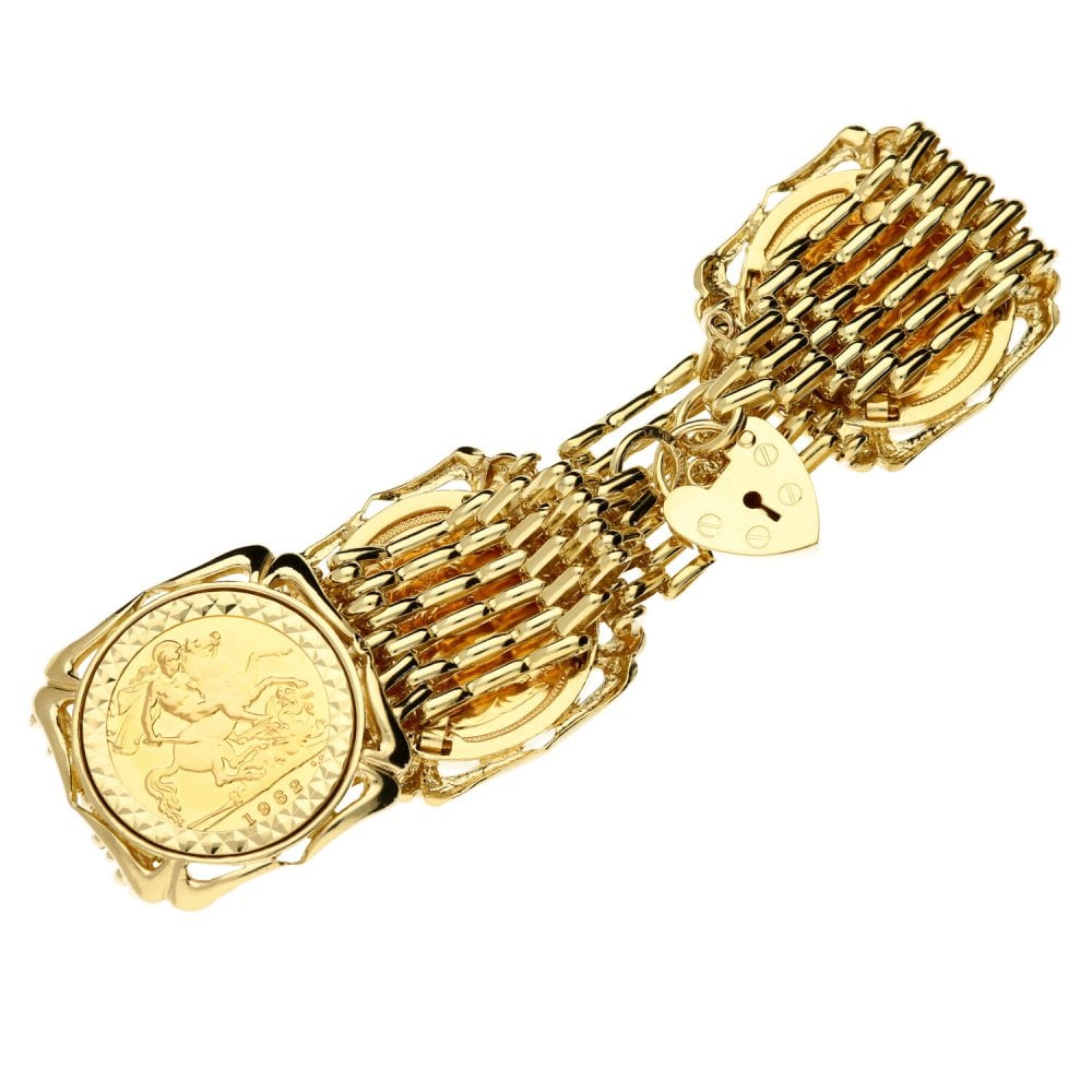 Yellow Gold 3x Half-Sovereign Coin 6 Bar Gate Bracelet - 18cm