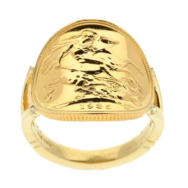 9ct Yellow Gold 1985 Full Sovereign Coin Ring - Size R½