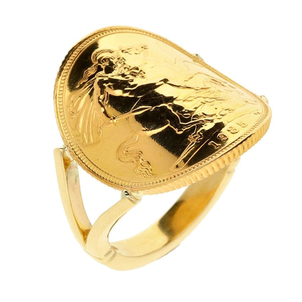 9ct Yellow Gold 1985 Full Sovereign Coin Ring - Size R½
