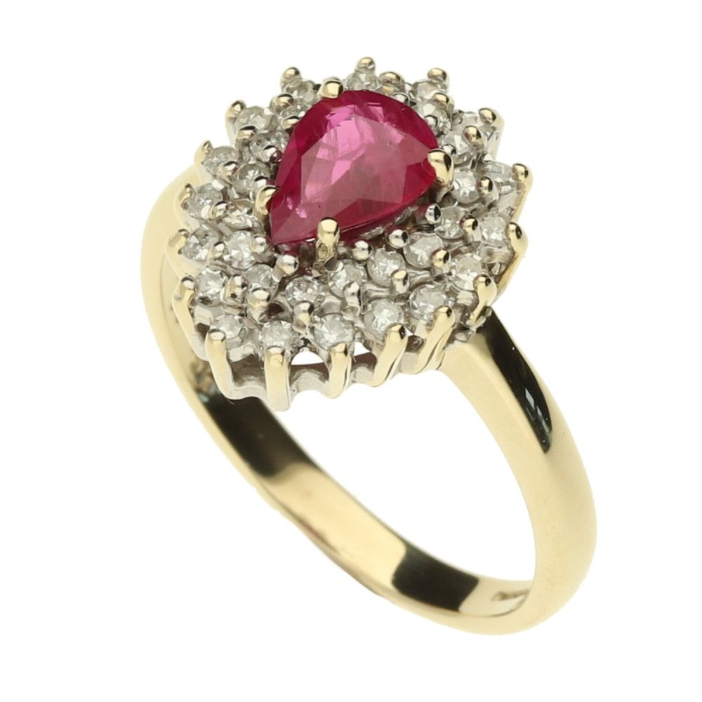 9ct Yellow Gold Pear Cut Ruby and Diamond Ring - Size M