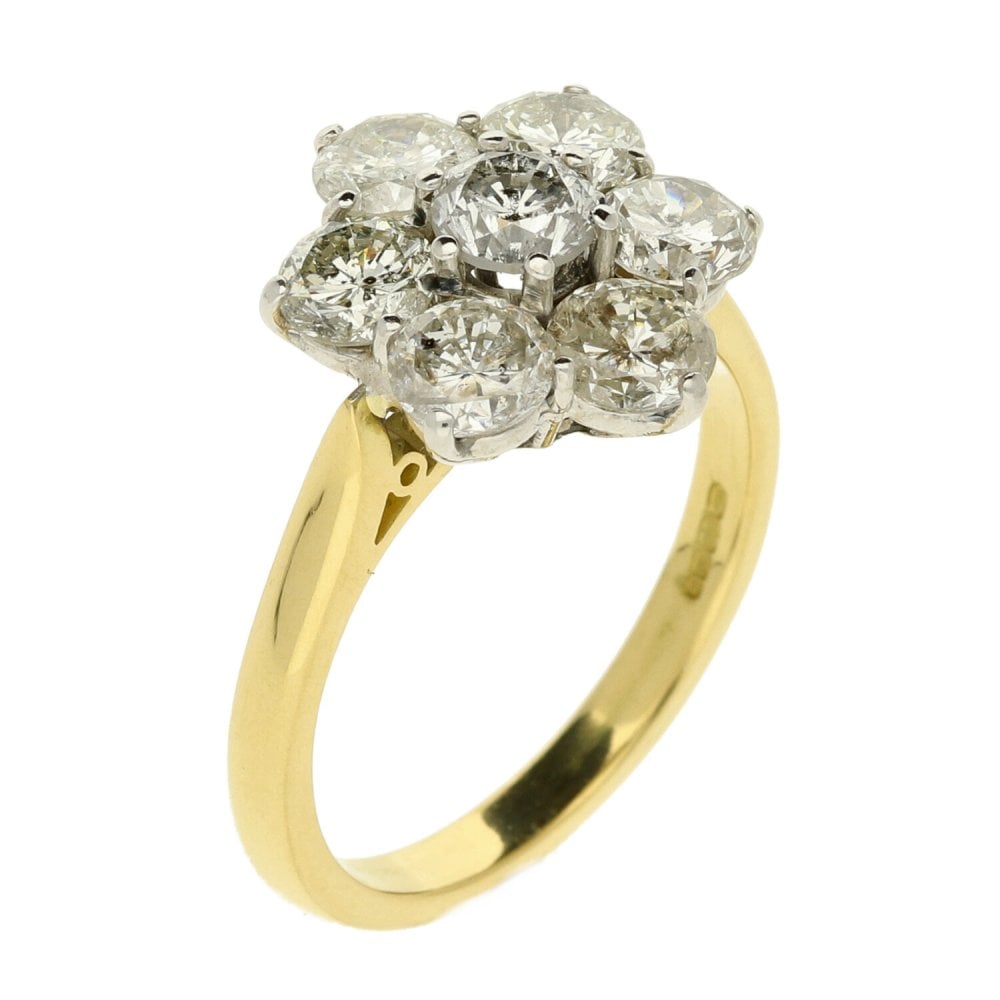 18ct Yellow Gold Ladies Diamond Cluster Ring - Size R - 3.18ct