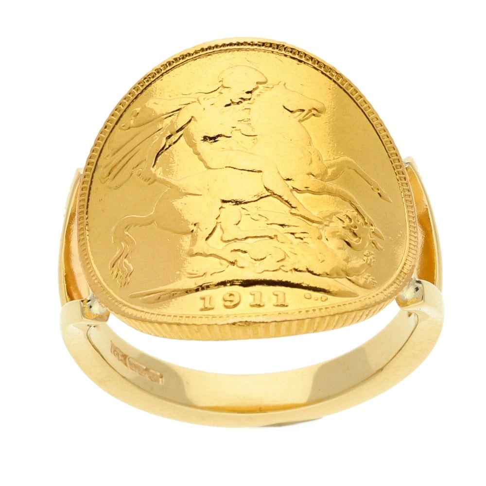 9ct Yellow Gold Full Bent-Over Sovereign Ring - Size R - 1911