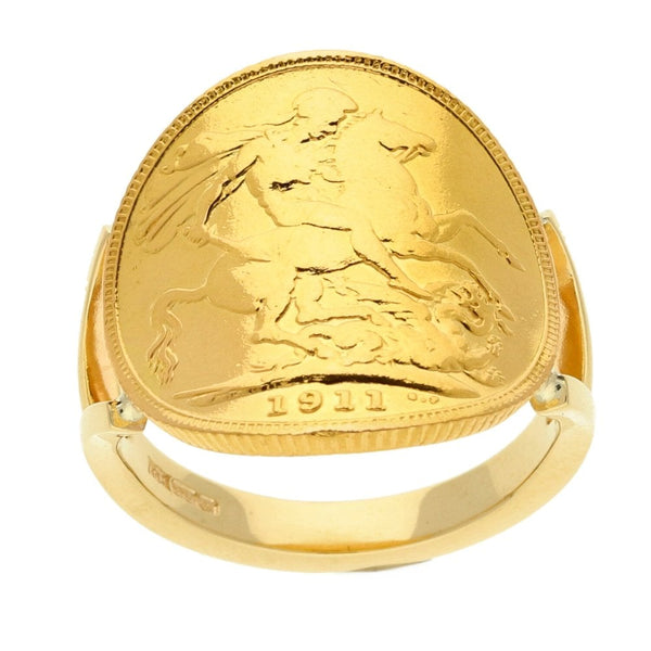 9ct Yellow Gold Full Bent-Over Sovereign Ring - Size R - 1911