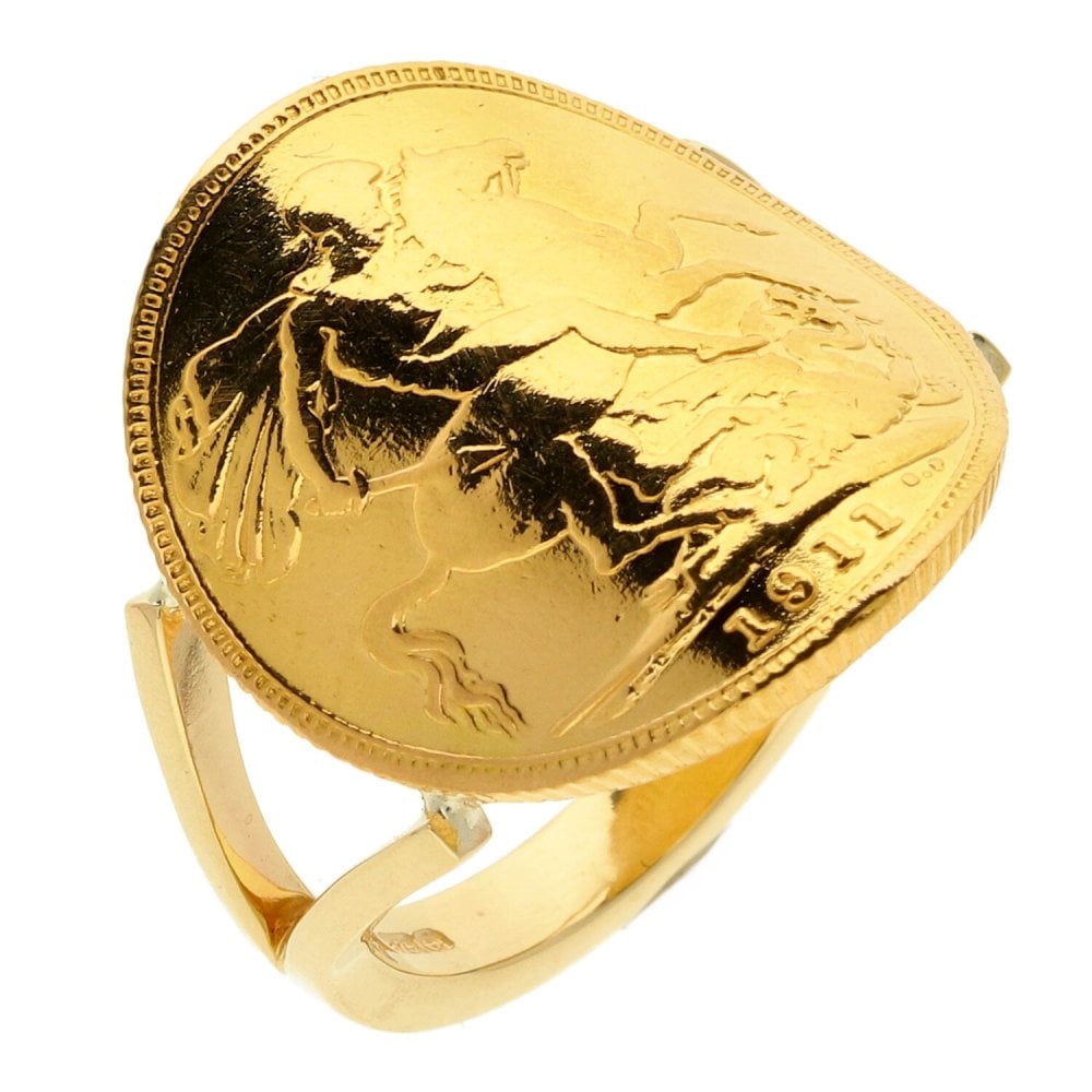 9ct Yellow Gold Full Bent-Over Sovereign Ring - Size R - 1911