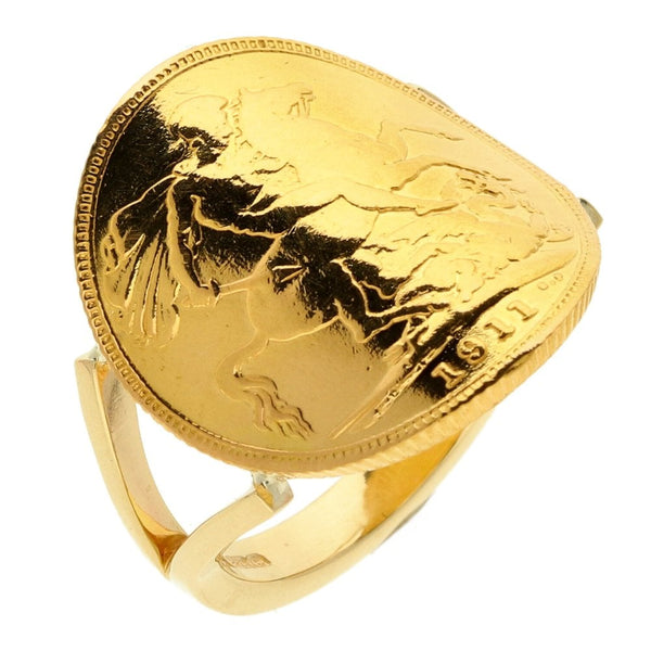 9ct Yellow Gold Full Bent-Over Sovereign Ring - Size R - 1911