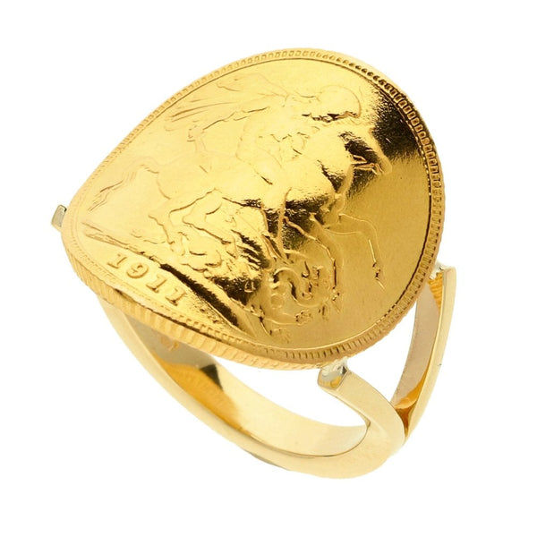9ct Yellow Gold Full Bent-Over Sovereign Ring - Size R - 1911