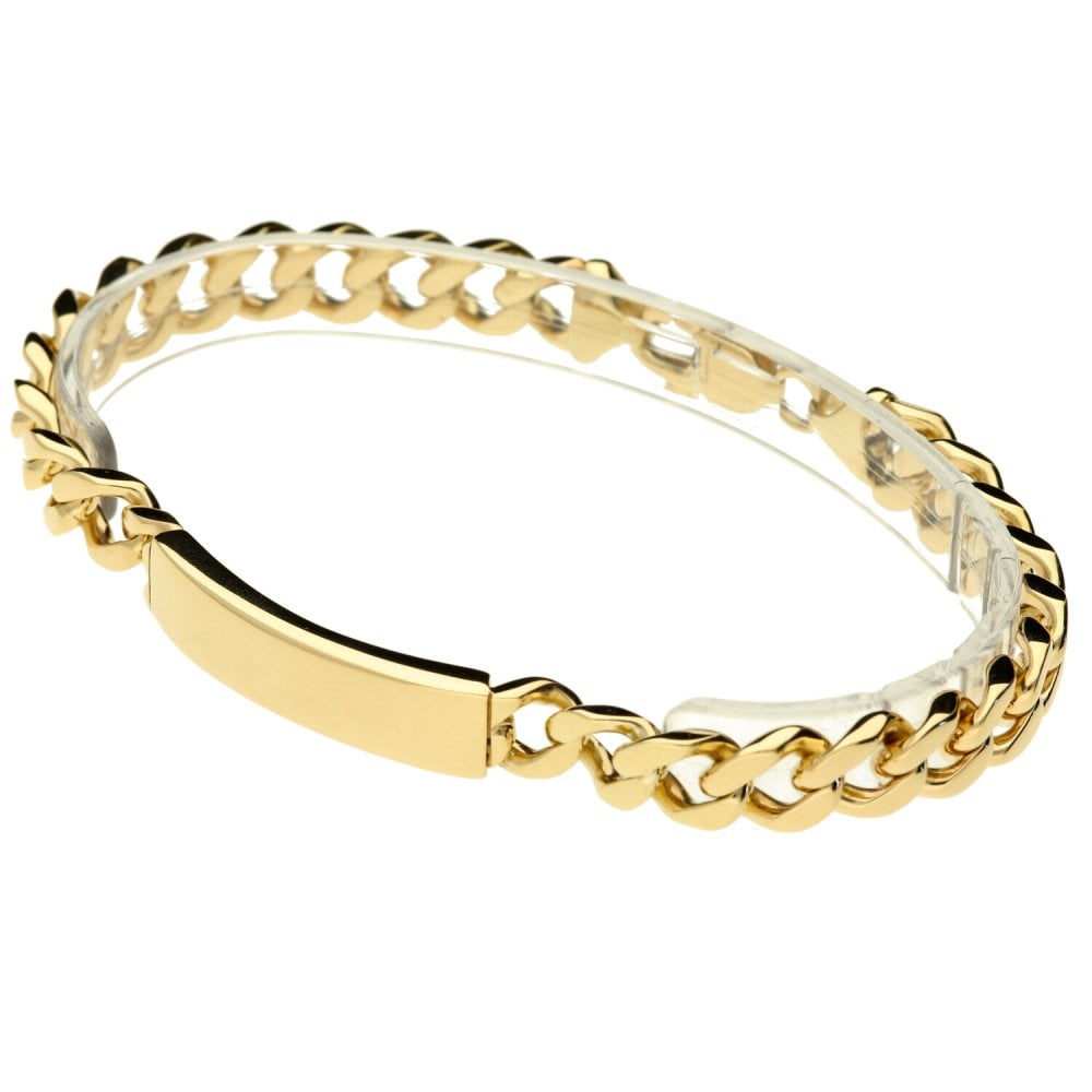 9ct Yellow Gold Gents Solid Identity Curb Bracelet - 9½"