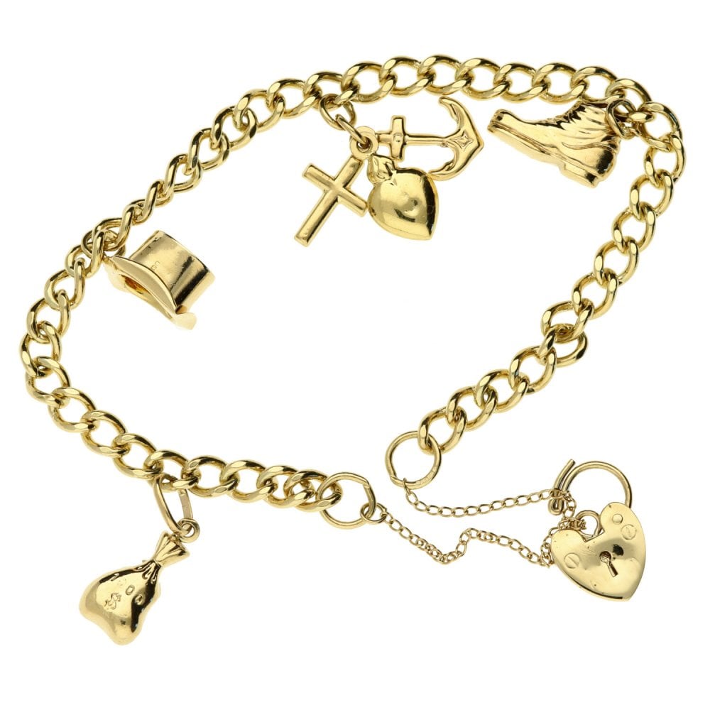 9ct Yellow Gold Ladies Curb Charm Bracelet - 12.9g