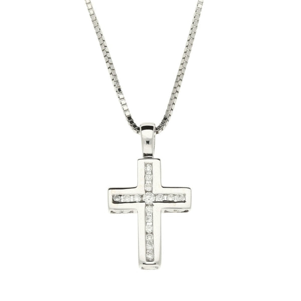 18ct White Gold Diamond Cross & Chain - 16" - 3.4g