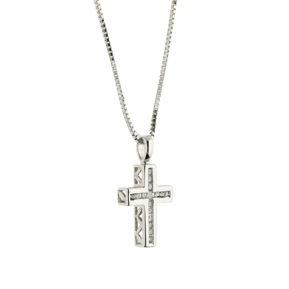 18ct White Gold Diamond Cross & Chain - 16" - 3.4g