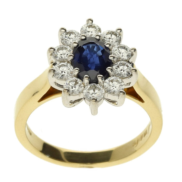 18ct Yellow Gold Diamond & Sapphire Cluster Ring - Size M