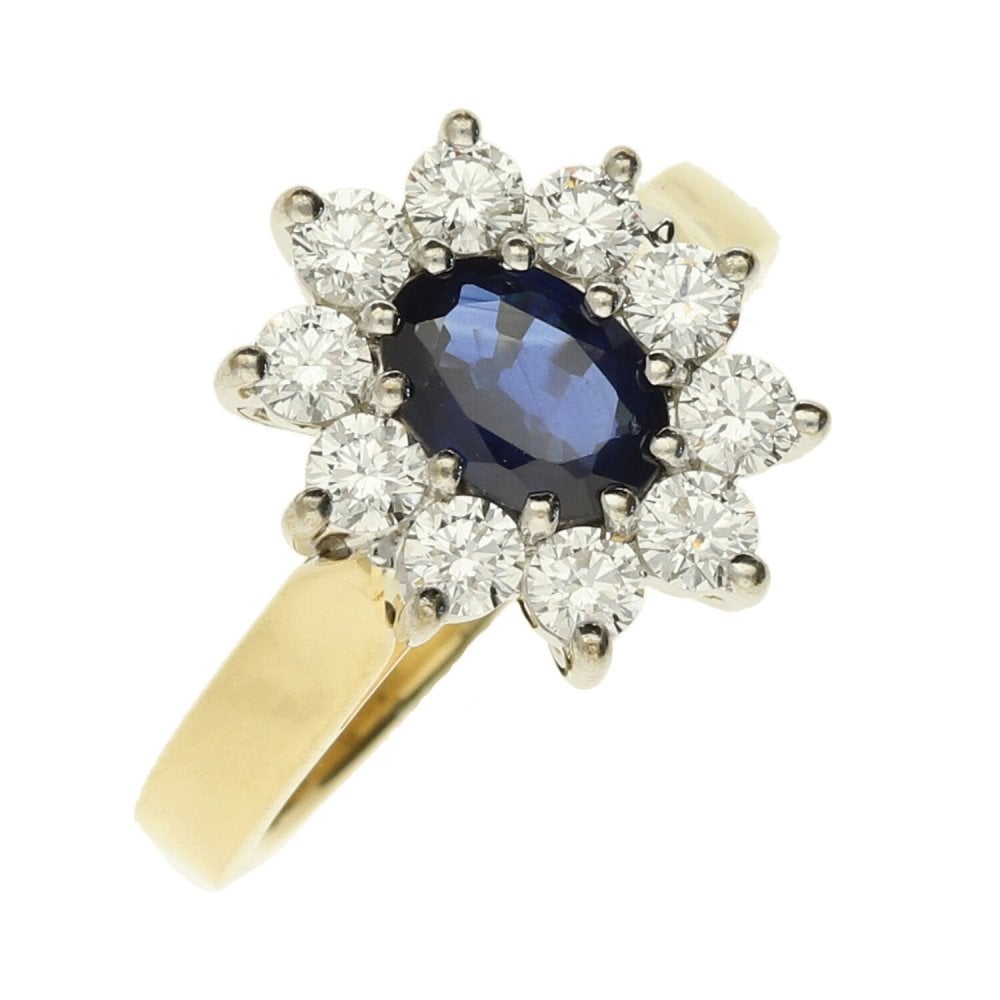 18ct Yellow Gold Diamond & Sapphire Cluster Ring - Size M