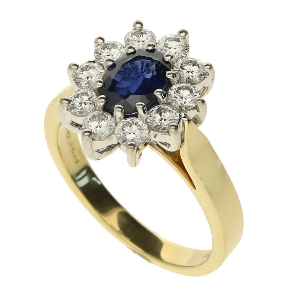18ct Yellow Gold Diamond & Sapphire Cluster Ring - Size M