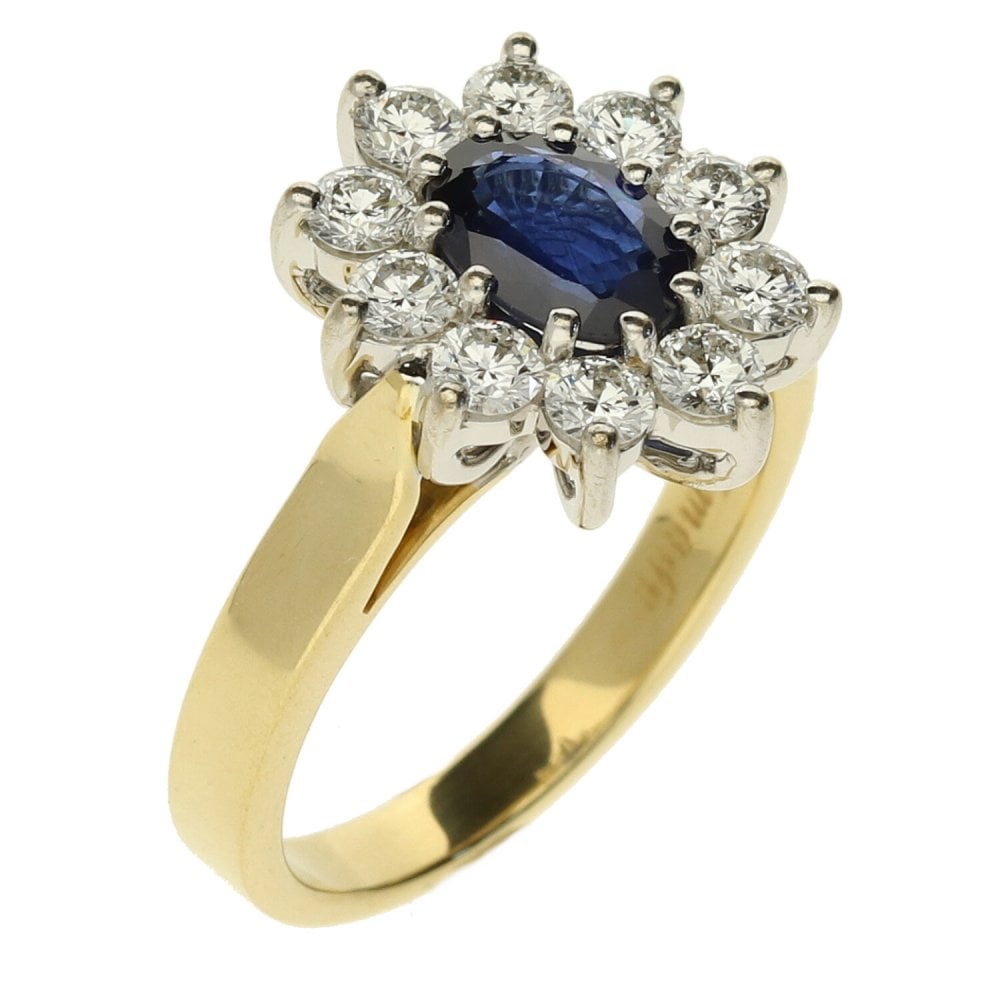 18ct Yellow Gold Diamond & Sapphire Cluster Ring - Size M
